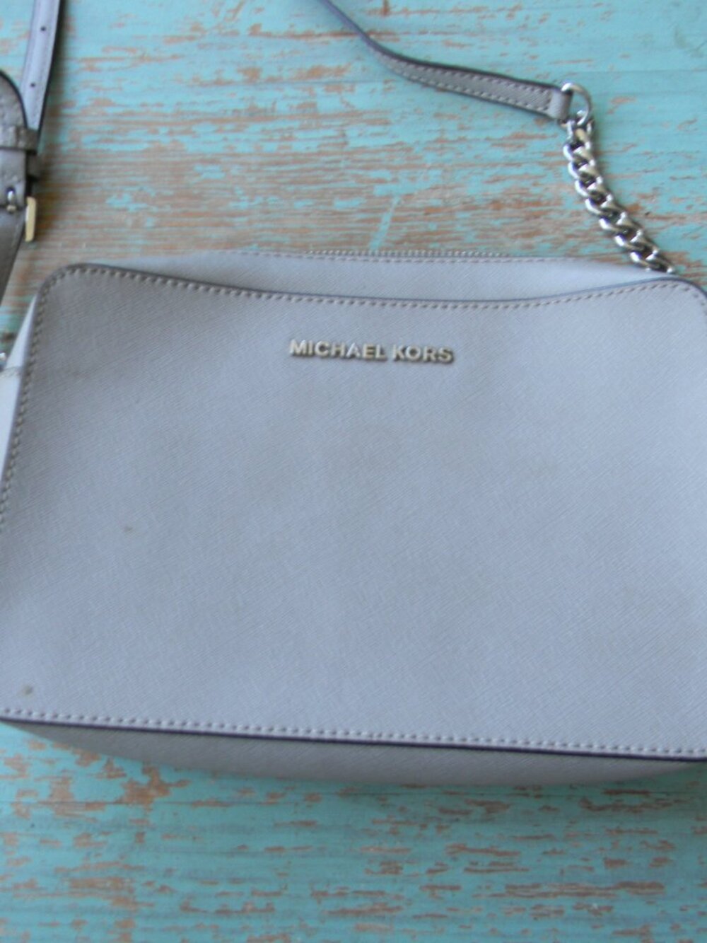 Michael Kors Jet Set Crossbody GRAY Saffiano Leather CHAIN DETAIL